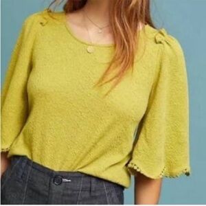 Anthropologie Sunday in Brooklyn Chartreuse green pom sleeve Ruffle blouse XS